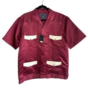 Saxifon USA Men's Guayabera Shirt Satin Burgundy Embroidered Ostrich Trim Medium